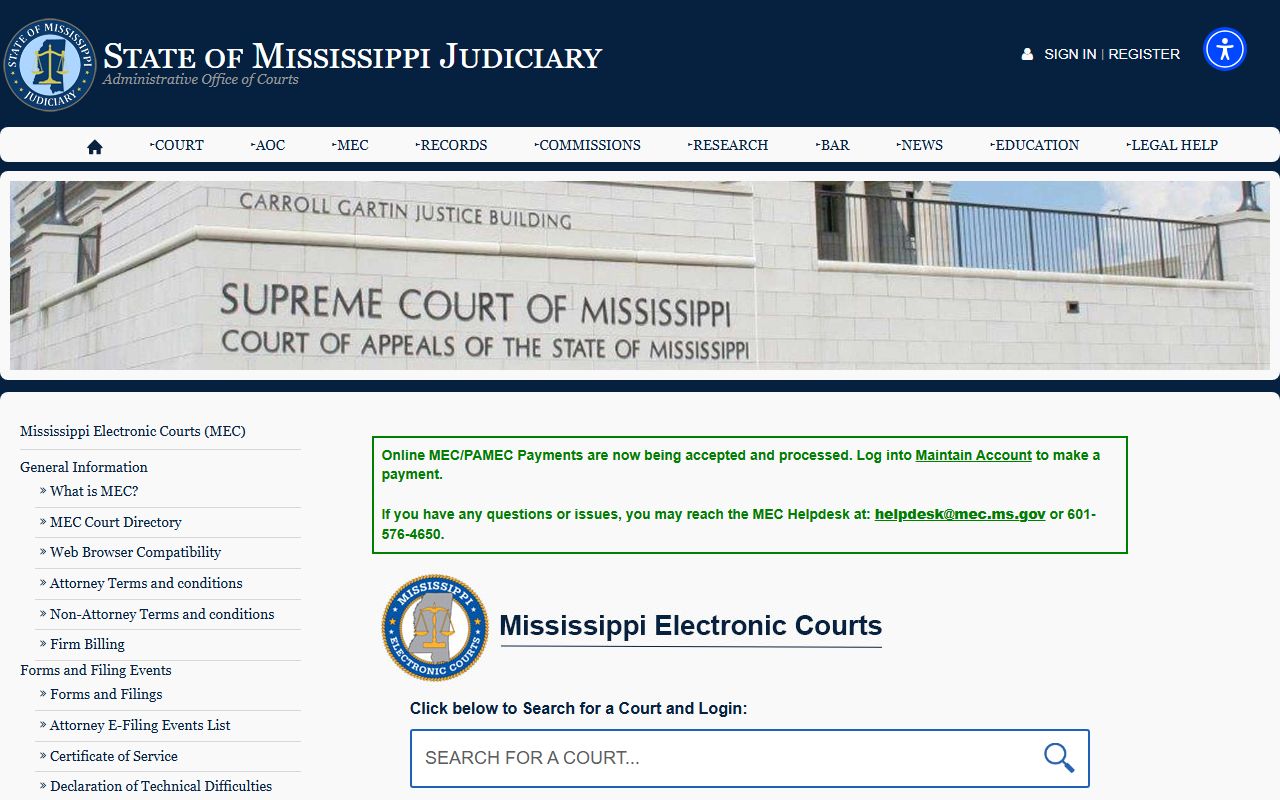 Mississippi Electronic Courts search gateway for Quitman County court records after arrest