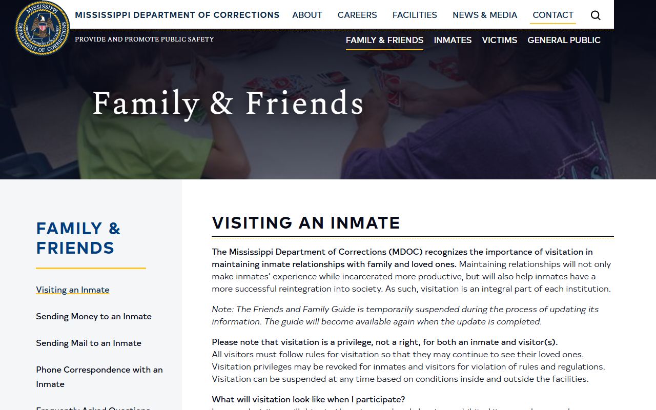MDOC visitation page for Quitman County CWC inmate records and family contact