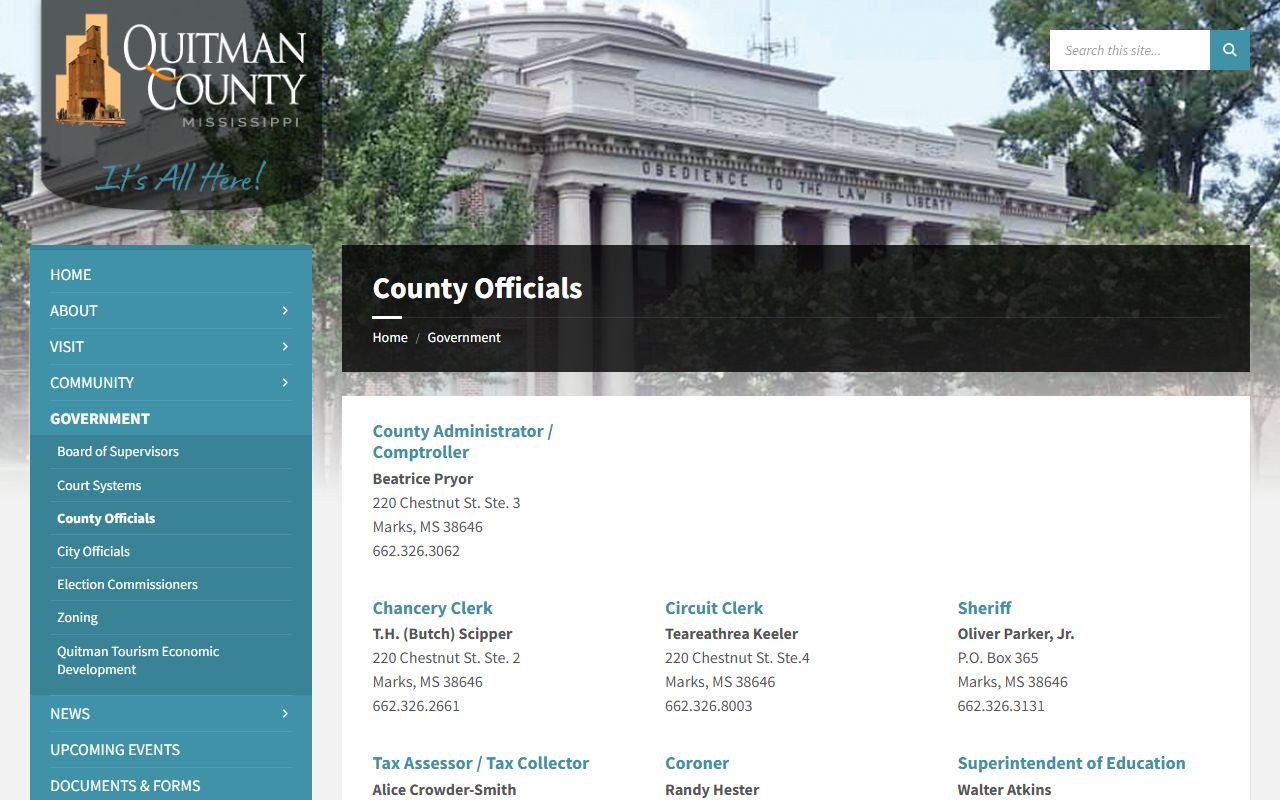 Quitman County Jail sheriff officials page for custody search